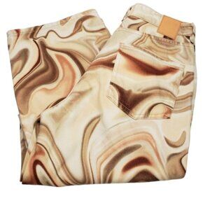Zara Mid Rise Straight Psychedelic Pattern Brown Tan Button Fly Denim Sz 4 NEW